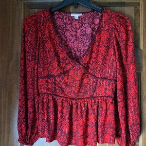KNOX ROSE BOHEMIAN RAGLAN BALLON SLEEVE/SMOCKED BACK FLORAL BLOUSE SZ MEDIUM